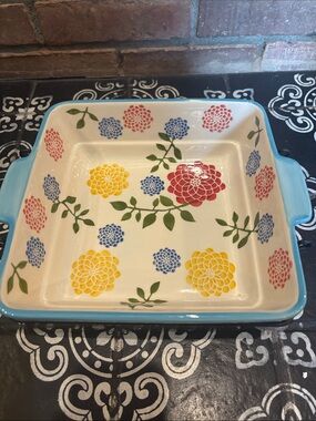 Blue Floral Ceramic Baking Dish - Decorative Flower Pattern